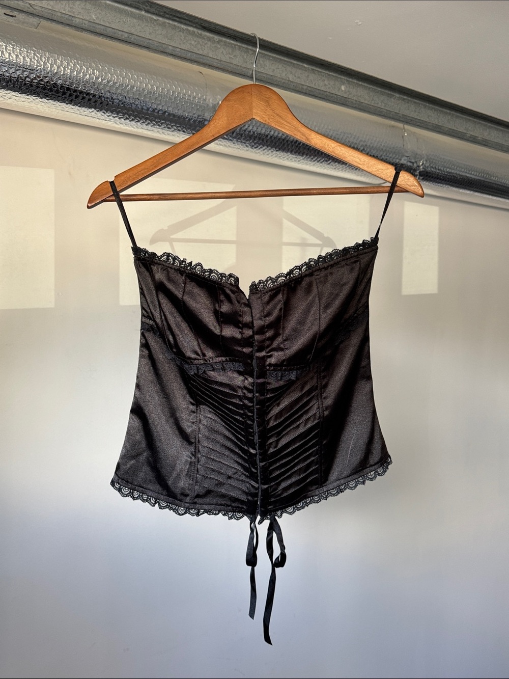 Vintage Le Chateau Black Satin Lace Trim Bustier Corset Top